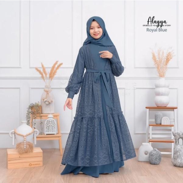 Alayya Dress Baju Gamis Lebaran Anak Tanggung Umur 12-15 Tahun Bahan Cringkel mix Brukat Malika