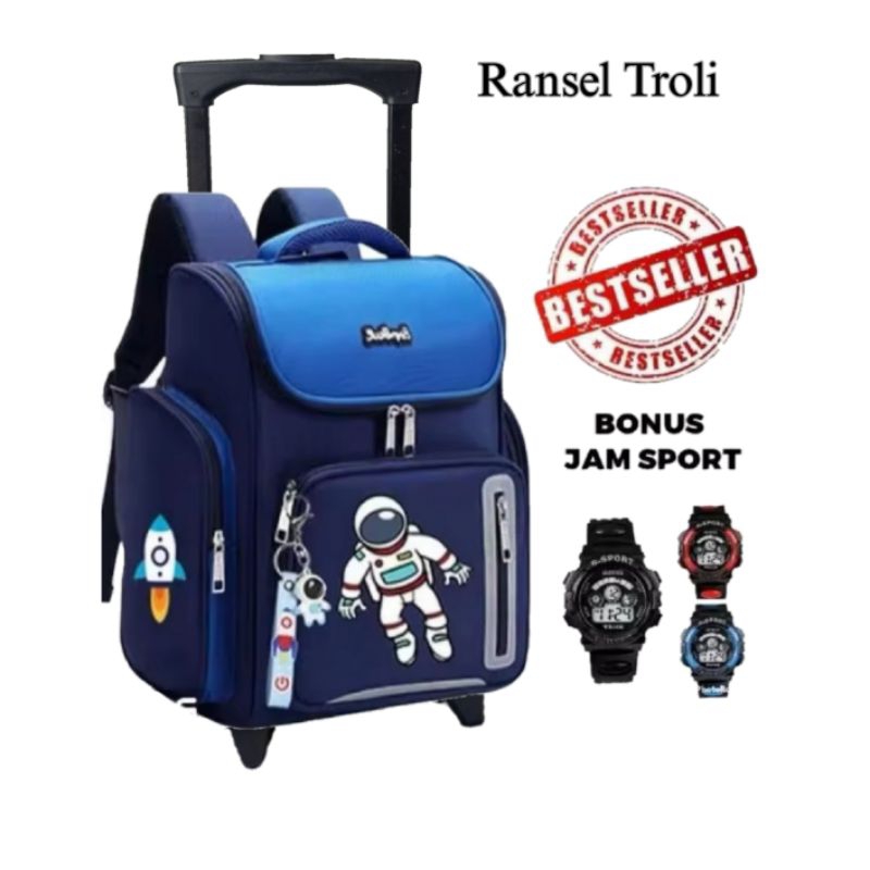 Tas Ransel Troli Anak Sekolah motif astronot gratis jam Tangan / tas roda astronot Tabung ada bonusn
