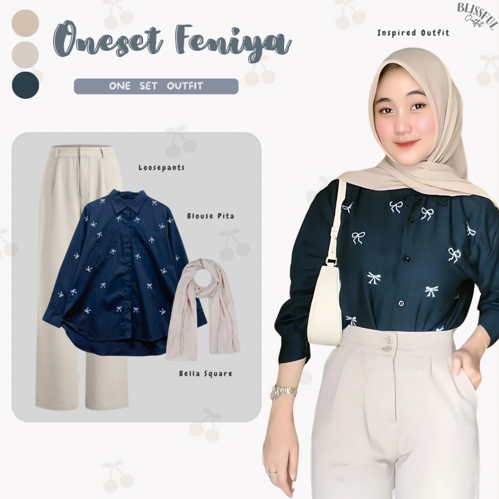 Feniya Outfit Set Wanita ( Blouse Pita Navy + Loosepants + Bella Square ) One set OOTD Hijab Remaja 