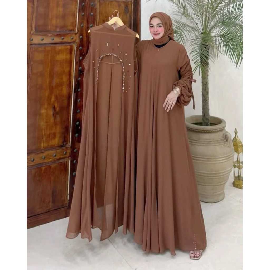 Gamis Pesta - Elora Set Outer Terpisah Gamis Terbaru Bahan Ceruty Babydoll Aplikasi Payet Busui Pest