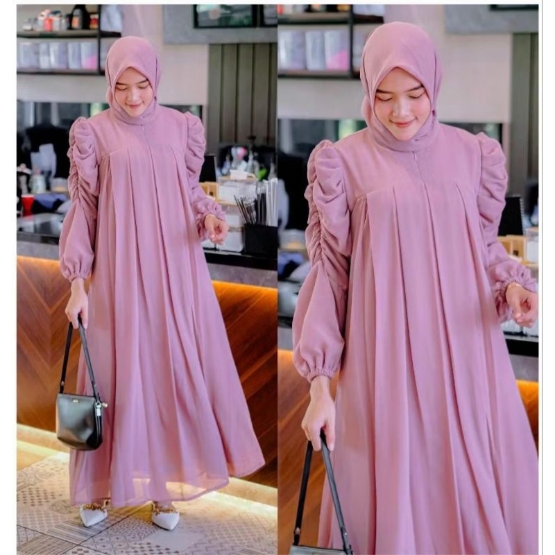 Yasmine Dress - Gamis Ceruty Polos Lengan Balon Luxury Mewah Set Kerudung