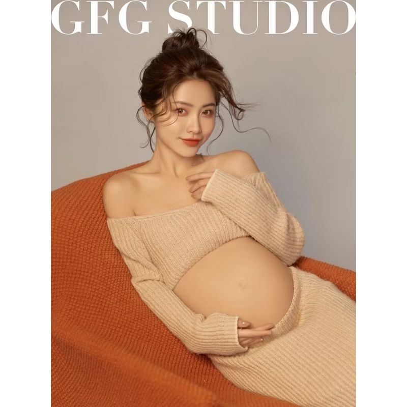Baju Dress Knit Maternity Photoshoot Beauty Shoot Cantik Baju Hamil Mom Baby Foto Knit Skirt Beige I