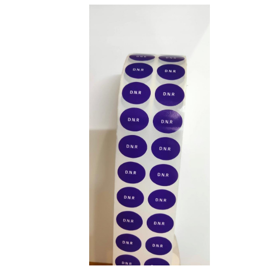 

rickydarman00 - STIKER DNR UNGU OVAL TULISAN PUTIH 20X16mm @5000 pcs in ROLL