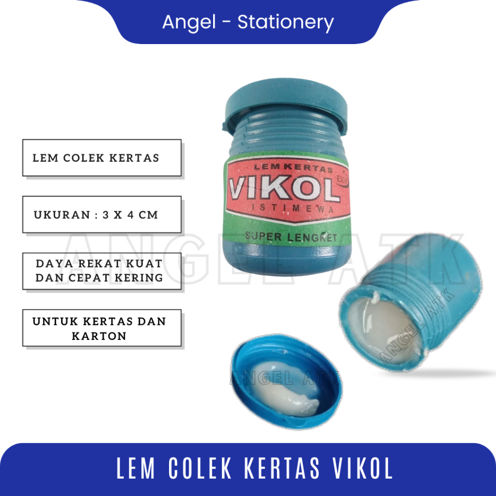 

Lem Kertas Vikol / Lem Colek Kecil / Perekat Kertas dan Karton / Lem Layangan / Lem Serbaguna Murah / Bayar di Tempat / Atk Blessing