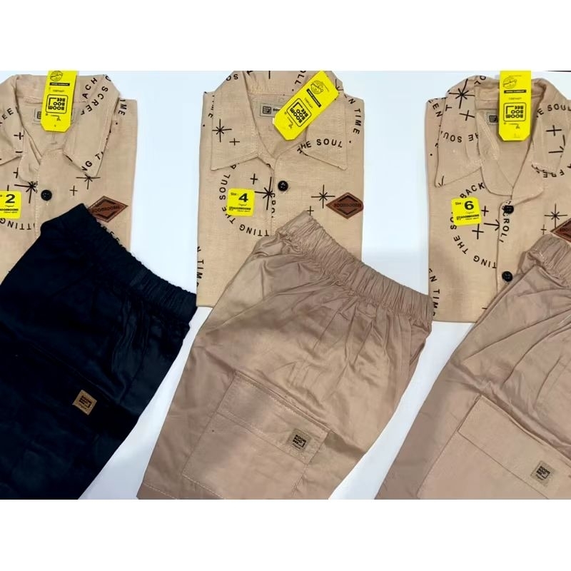 [NEW] Setelan kemeja anak celana kargo Boomboobee bahan katun linen seri motif untuk lebaran urah