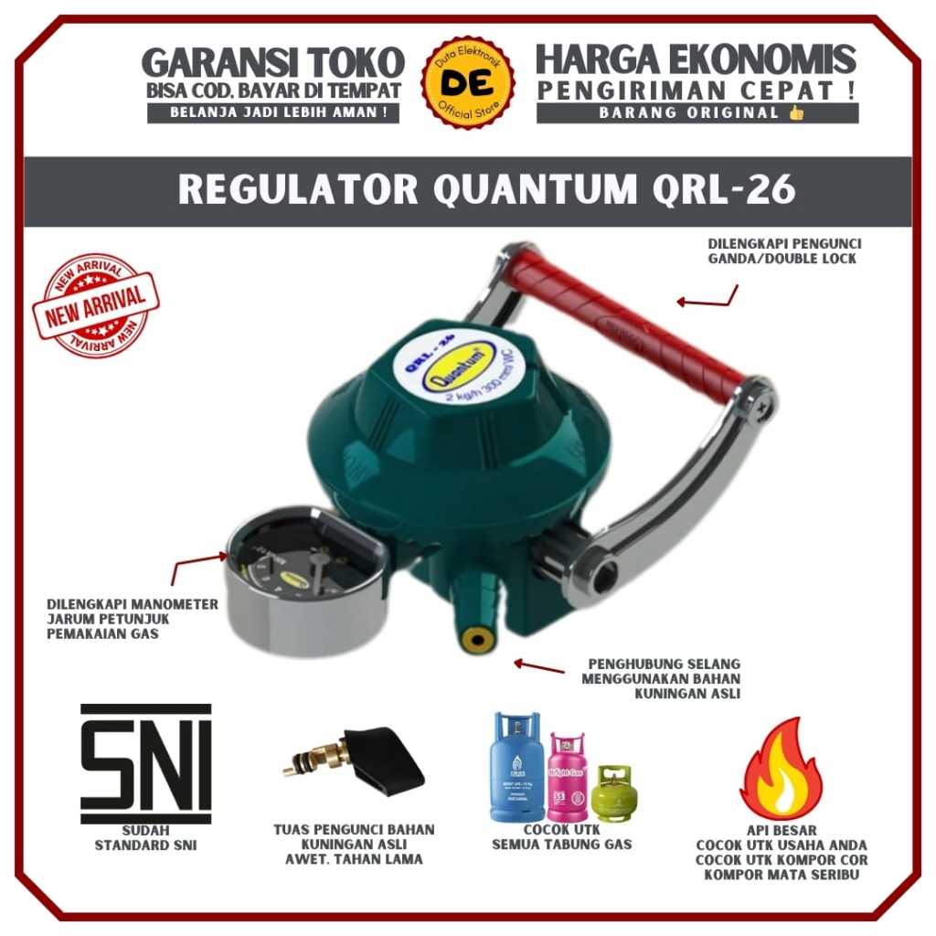 QUANTUM Regulator Gas LPG Double Lock QRL-26  / Regulator Tekanan Rendah Double Lock dengan Meteran
