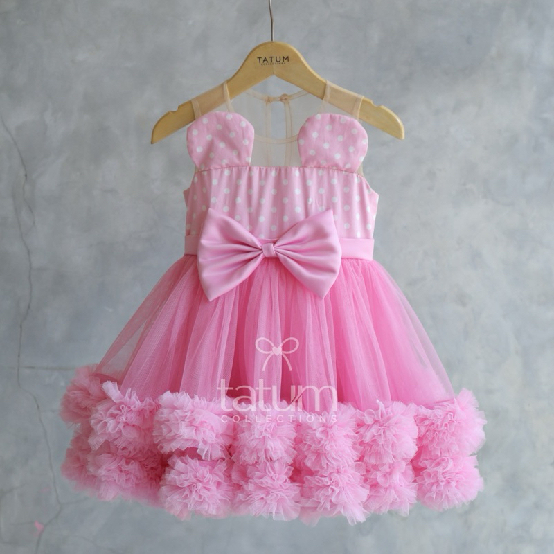 Minnie Mouse Dress Polka Pink (Tile Kerut Pink) | Gaun Pesta Anak | Tatum Collections
