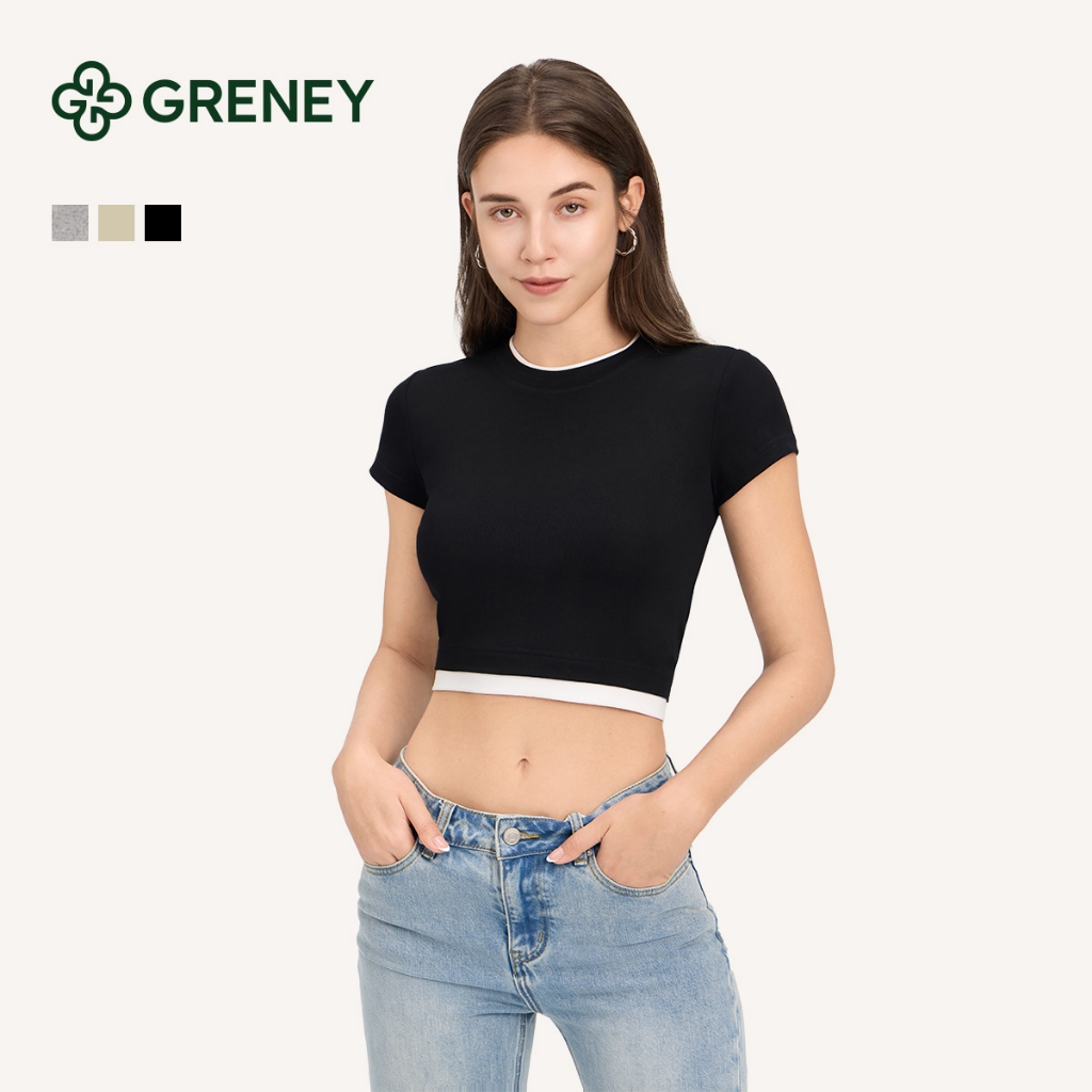 GRENEY-Baju Crop Top Wanita 2 in 1 Lengan Pendek Baju Wanita O neck Lengan Pendek Crop atasan berkua