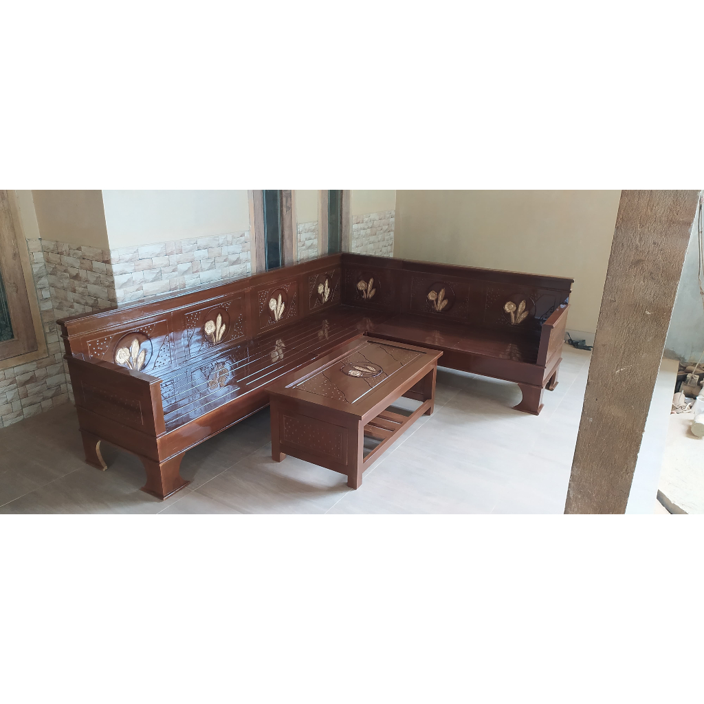 Kursi meja tamu sudut kayu jati