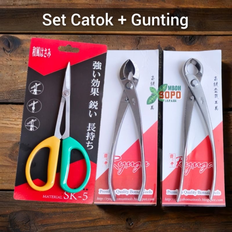 Alat Bonsai, Gunting + Sepasang Catok / Krekut Ryuga Stenlis, Ukuran 21 cm
