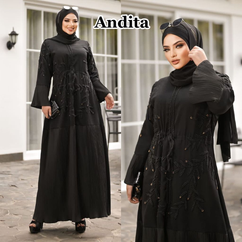 Jauhara - Abaya/Gamis Syari Muslimah Bahan Jettblack Super // Abaya Adnita Payet