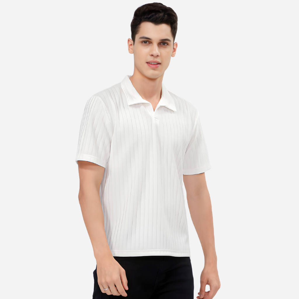 CASUALUXE Kaos Polo Shirt Pria Berkerah Bahan Knit Motif Original Putih