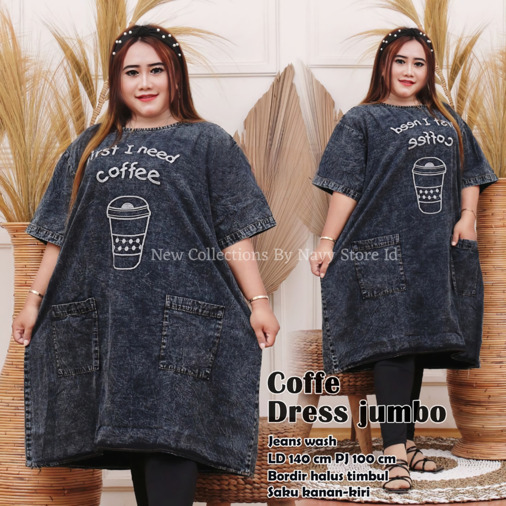 Baju Atasan Tunik Jeans Denim Muslim Jumbo Wanita Kekinian Bordir Halus Simpel Terbaru Coffe Dress