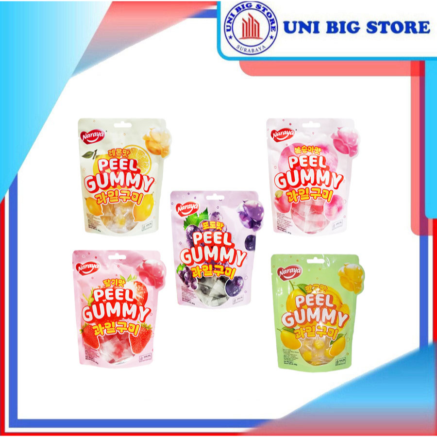 

Naraya Peel Gummy Mango | Grape | Lemon | Peach | Strawberry Jelly Fruit Candy 80 gr permen Lunak Jeli