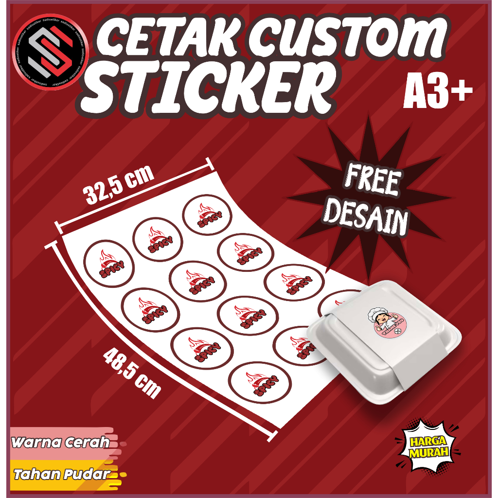 

Cetak Sticker Custom Label Kemasan A3+ untuk Toko Olshop Makanan Minuman Toples Kaleng Stiker Anti Luntur Free Desain dan Cutting