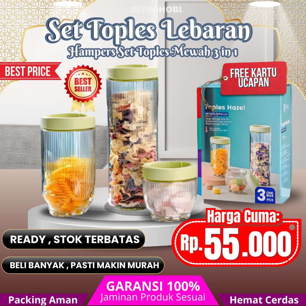 Toples Kaca Gladies Hazel Set 3pcs Toples Kue Lebaran 3IN1 / Set Stoples Penyimpanan Kue Kering Serb
