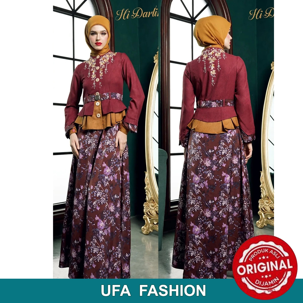 TUNEECA Gamis Donna Paley bahan Katun madinah Maroon & Satin motif bunga Coklat, TUNEECA T-0125014