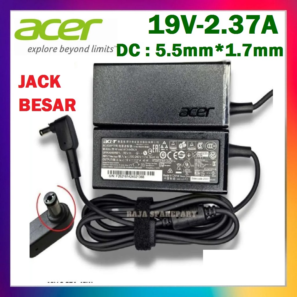 ADAPTOR  CAS CHARGER LAPTOP ACER ASPIRE 3 A314-41 A314-31 A314-32 A314-33 A315-21 19V-2.37A DC 5517 