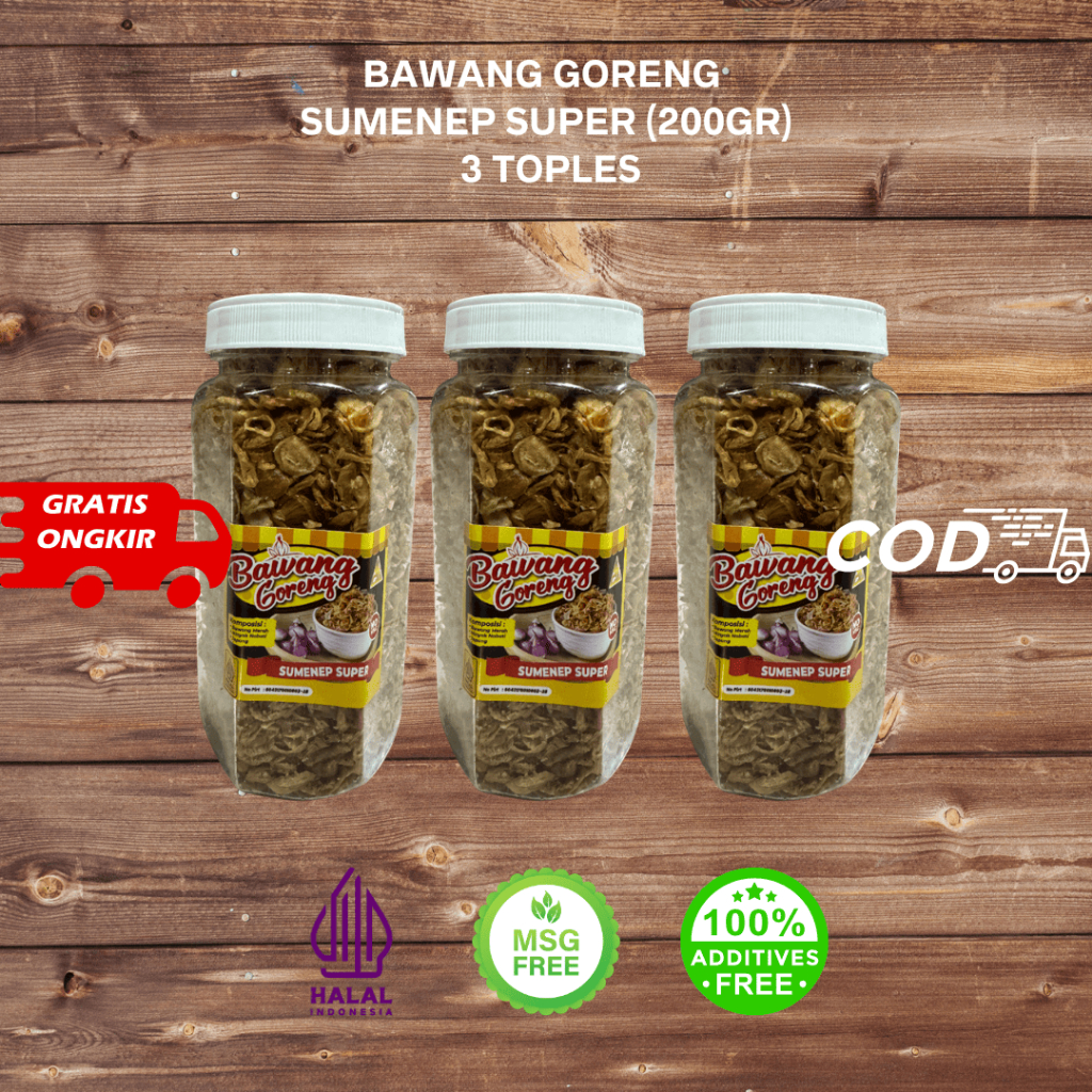 

Paket 3 Toples 200gr Bawang Goreng Sumenep Super Paket Bawang Goreng (200gr X3 Toples)