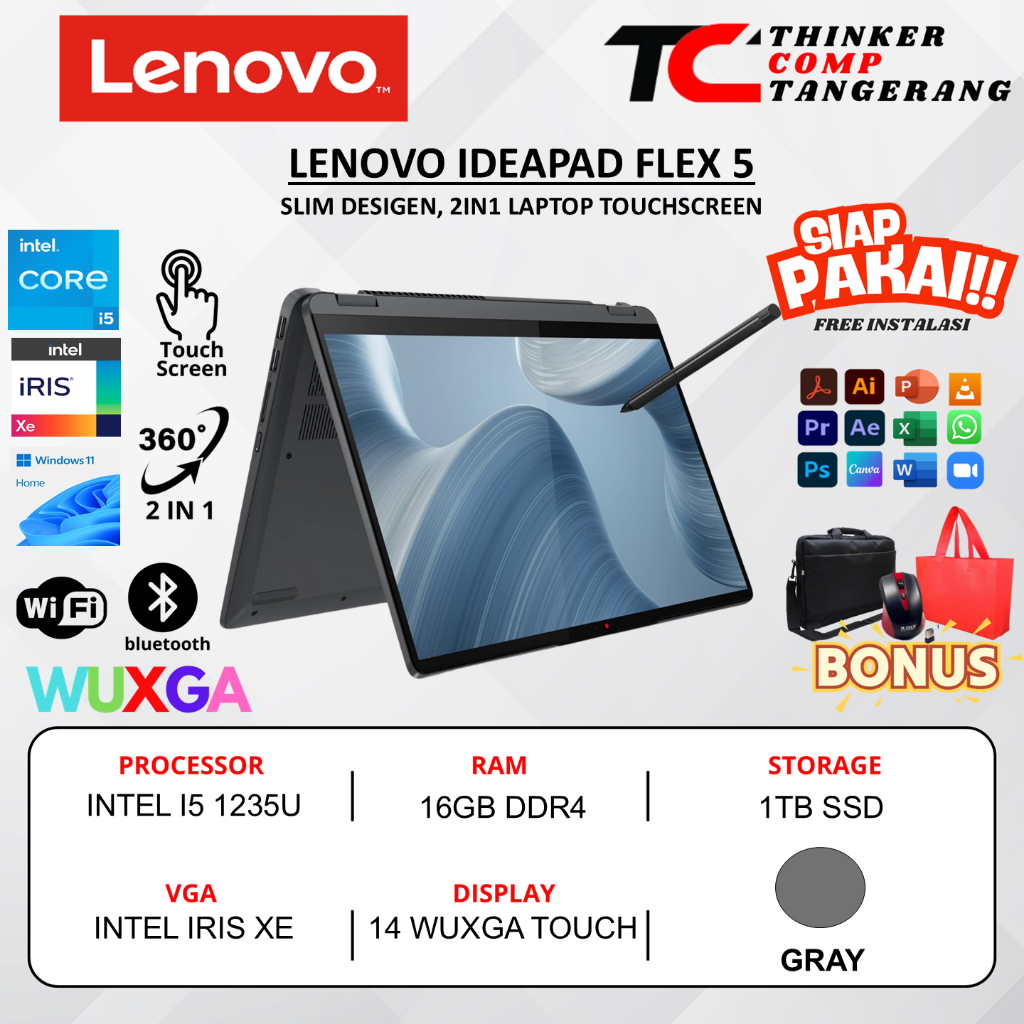 Laptop Flip 2in1 Lenovo Ideapad Flex 5 Intel Core I5 1235U 16GB SSD 512GB FHD IPS Touchscreen Window