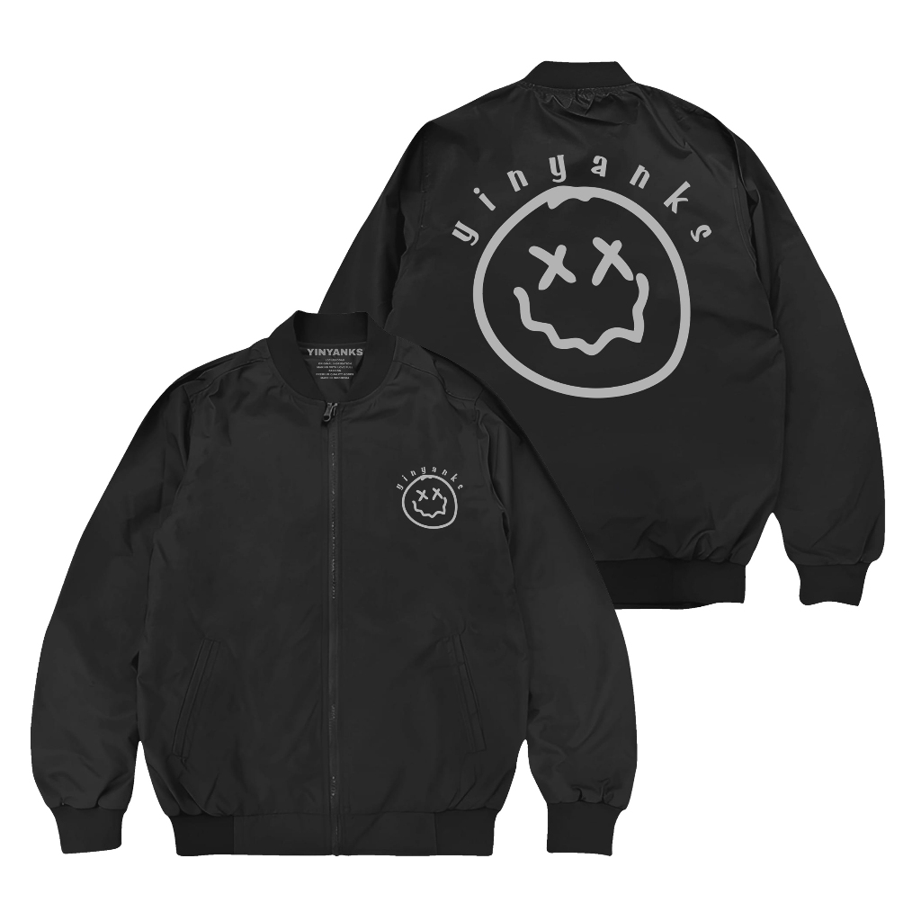 Yinyanks Jacket Bomber Jaket Bomber Unisex Hitam dengan Motif Smiley Ynyks emote smiley jaket unisex