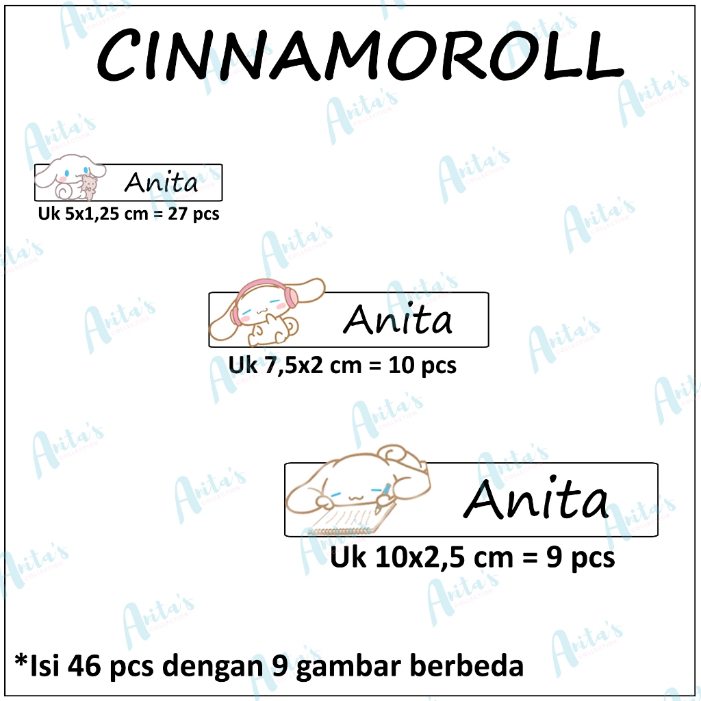 

46pcs STIKER LABEL NAMA PULPEN / PENSIL dll tema CINNAMOROLL | SIZE S, M, L (MIX) | CUSTOM NAMA