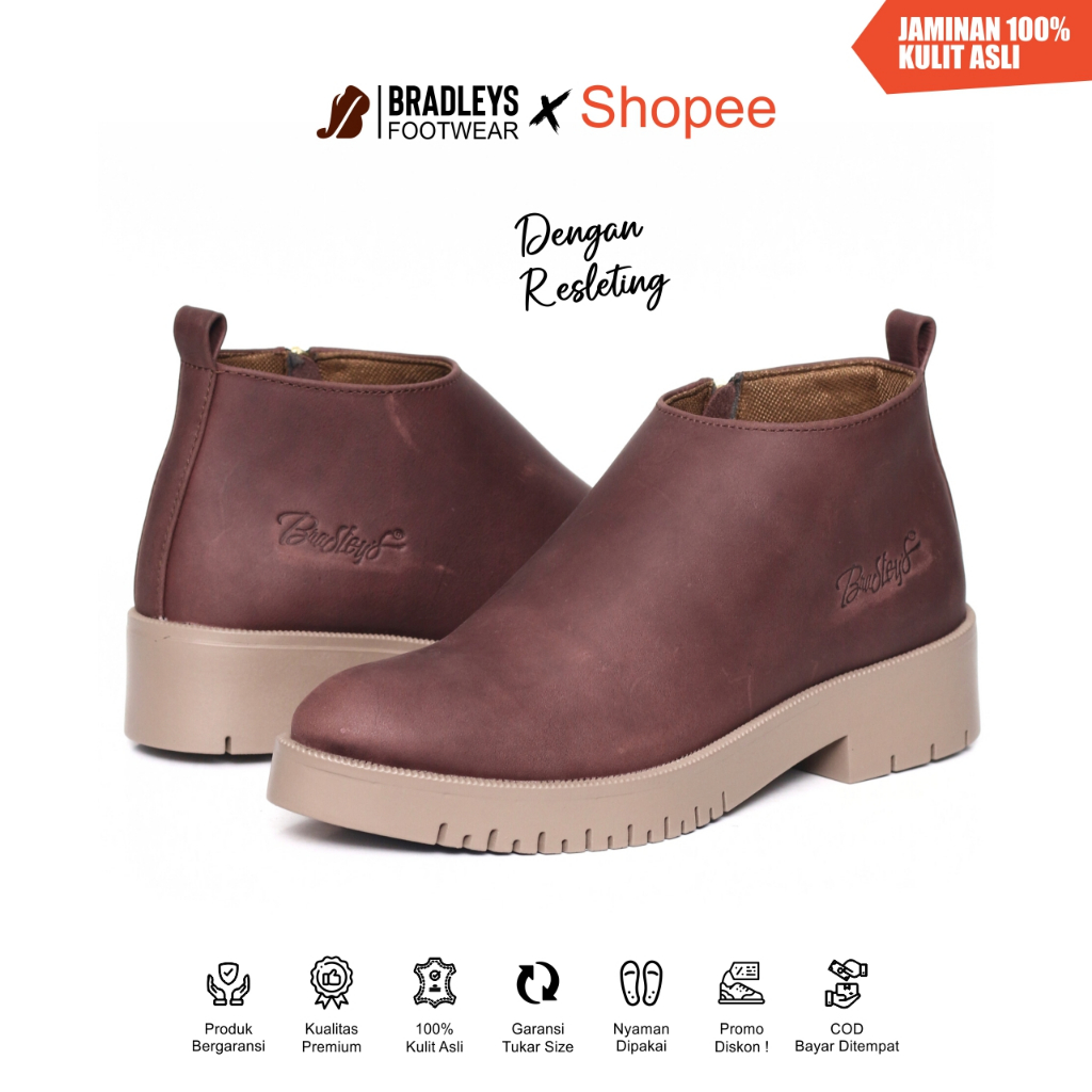 Bradleys Camelia Brown - Sepatu Kulit Kasual Boot Zipper Wanita Sepatu Boot Wedges Resleting Wanita