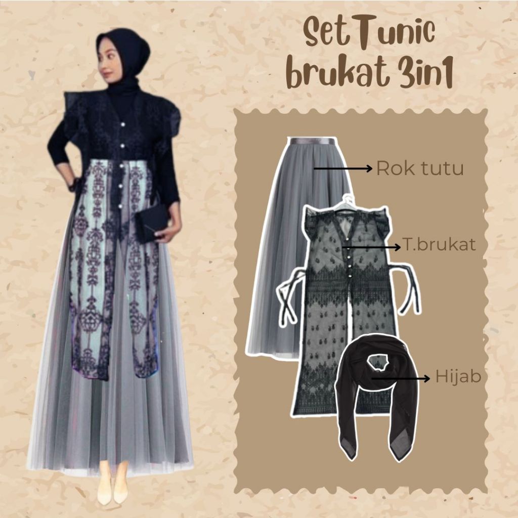 Set Wanita Outer Tunik 3IN1 Tunic Brukat+Hijab+Rok tutu Oneset Kondangan Lebaran Wisuda Korean Look