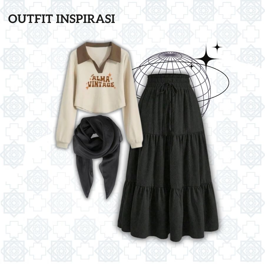 Outfit Casual Hangout (Rok Rempel+Sweater Crop+Hijab Segiempat)