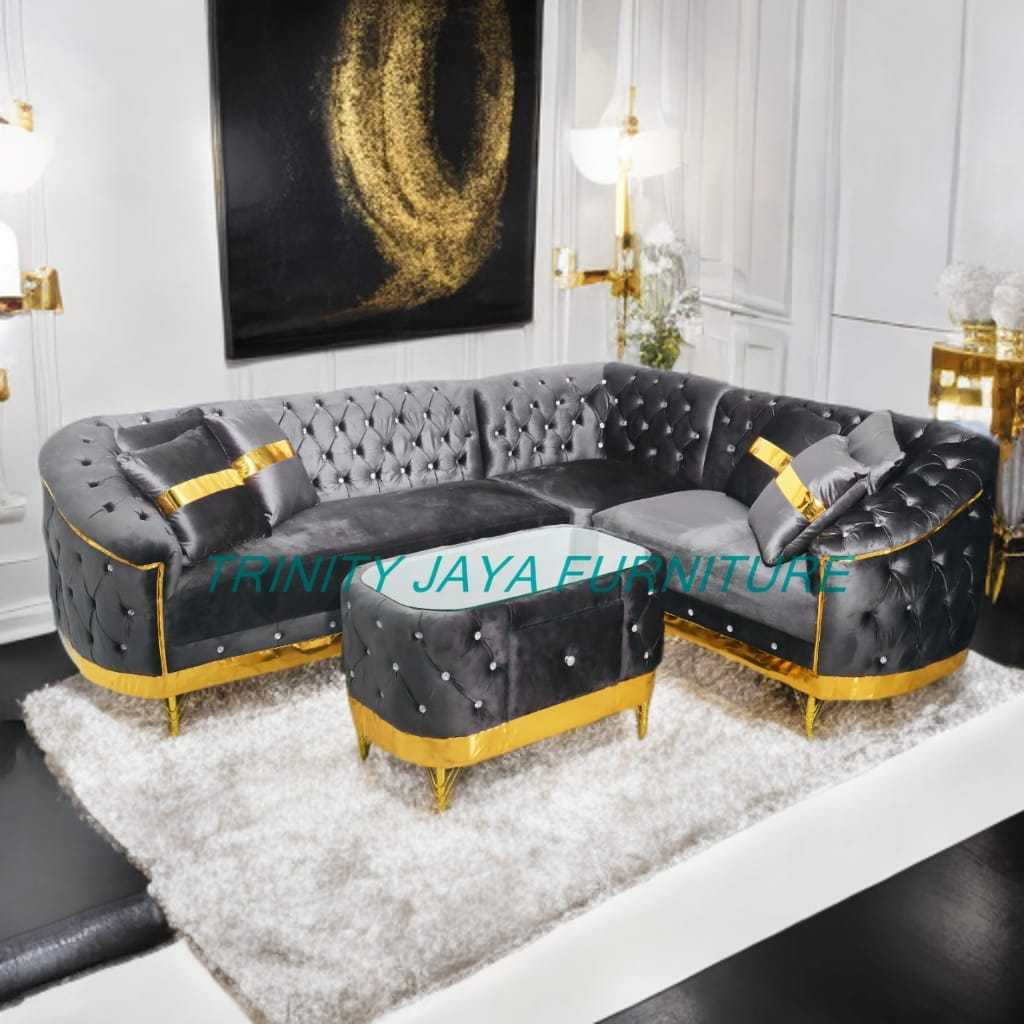 Sofa Tamu L Turki Terbaru Bahan Bludru/trinityjayafurniture