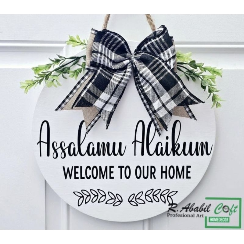 Hiasan pajangan pintu Aesthetic Assalamualaikum Welcome bentuk bulat with daun Artificial