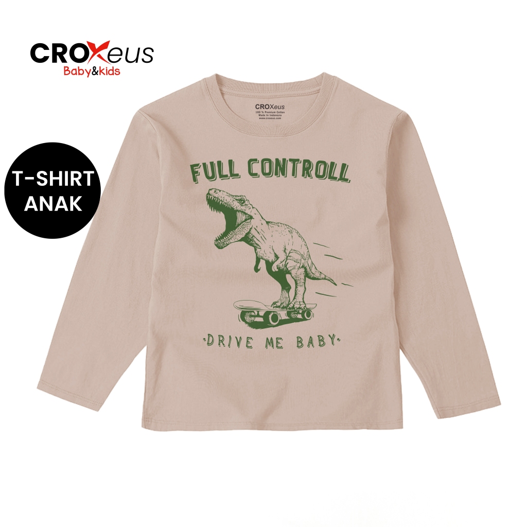 CROXEUS - Kaos Anak Lengan Panjang Dinosaurus Warna Coklat Susu