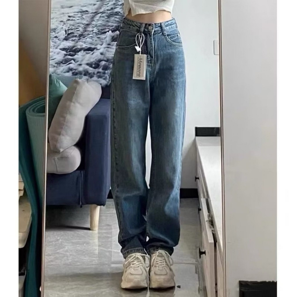 Menora - Celana Jeans High Waist Wanita Korean Style Jeans Baggy Pants Serbaguna Kasual Biru Retro 2