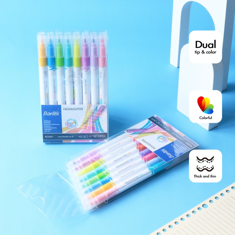 

[Stationery Home] Bantex Highlighter Dual Color / Penanda Teks Ujung Dua Warna Satu Set Isi 8 Pcs 16 Warna Pastel