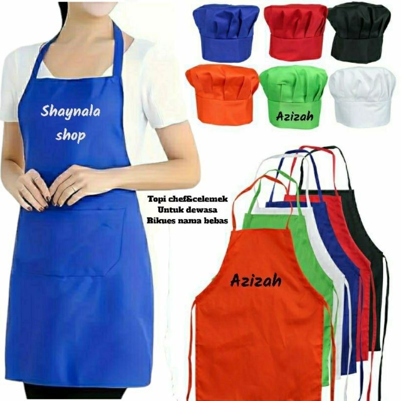 Topi Chef Dan Celemek Dewasa Satu Set Free Bordir Nama