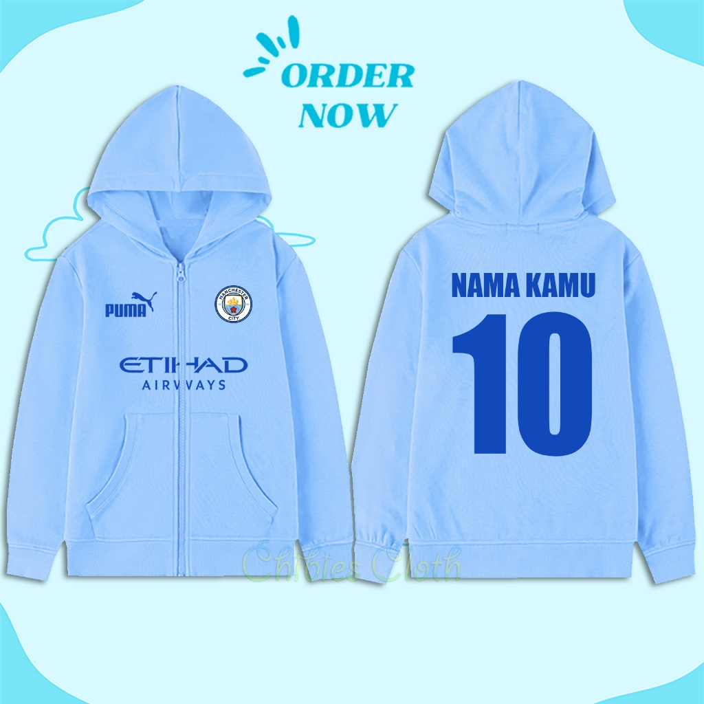 Jaket Resleting Anak Manchester City Custom Nama Dan Nomor - Sweater Zipper Anak Manchester City