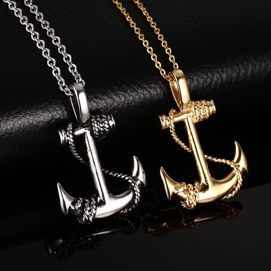 Kalung Jangkar Kapal - Ship Anchor Necklace Silver and Gold - Emas Pewter Liontin + Tali Rantai Kalu