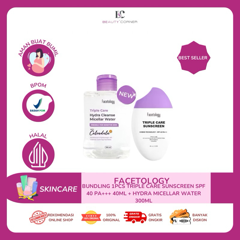 FACETOLOGY Bundling Triple Care Hydra Cleanse Micellar Water 300ml + Triple Care Sunscreen SPF 40 PA