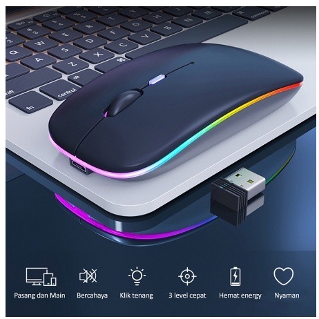 Mouse Keren Mirip Mac Wireless Silent 1600DPI RGB, Rechargeable Tipis 2.4Ghz - Cocok untuk Gaming & 