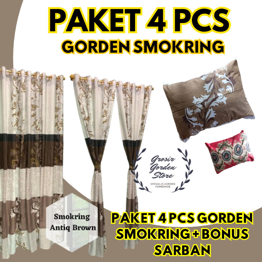 Gorden Smokring 4 Pcs  + Sarung Bantal Gorden Pintu dan Jendela Bahan Katun Polymicro Halus dan Teba