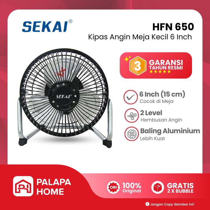 Sekai Kipas Angin Meja Duduk Kecil HFN 650 6" | Desk Fan Mini 6 Inch 15 cm Baling Besi Alumunium