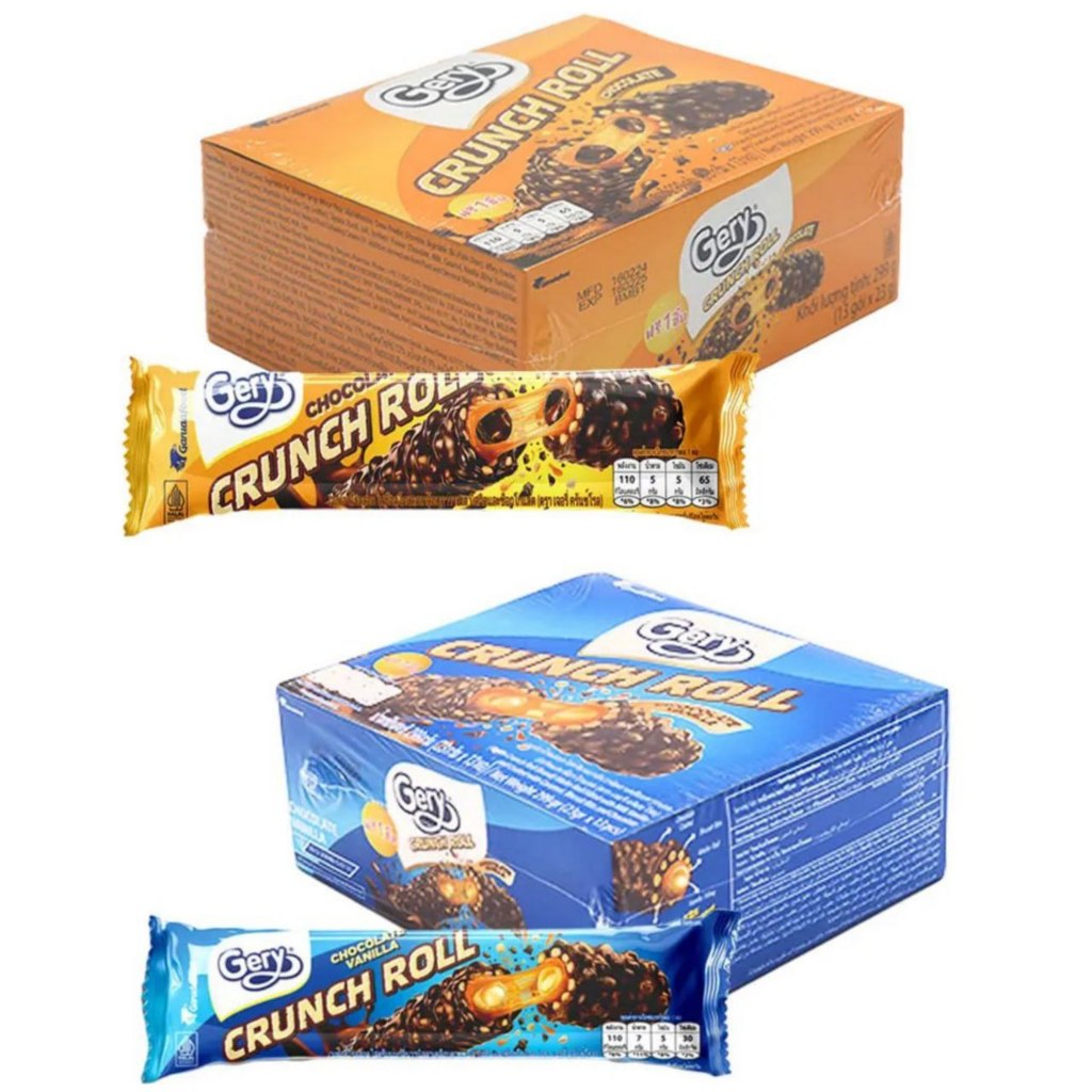 

Ready Stock GERY CRUNCH ROLL WAFER ROLL FILLED WITH MILK VANILLA AND COATED WITH CARAMEL BISCUIT BITS AND CHOCOLATE 23 G 12 PCS