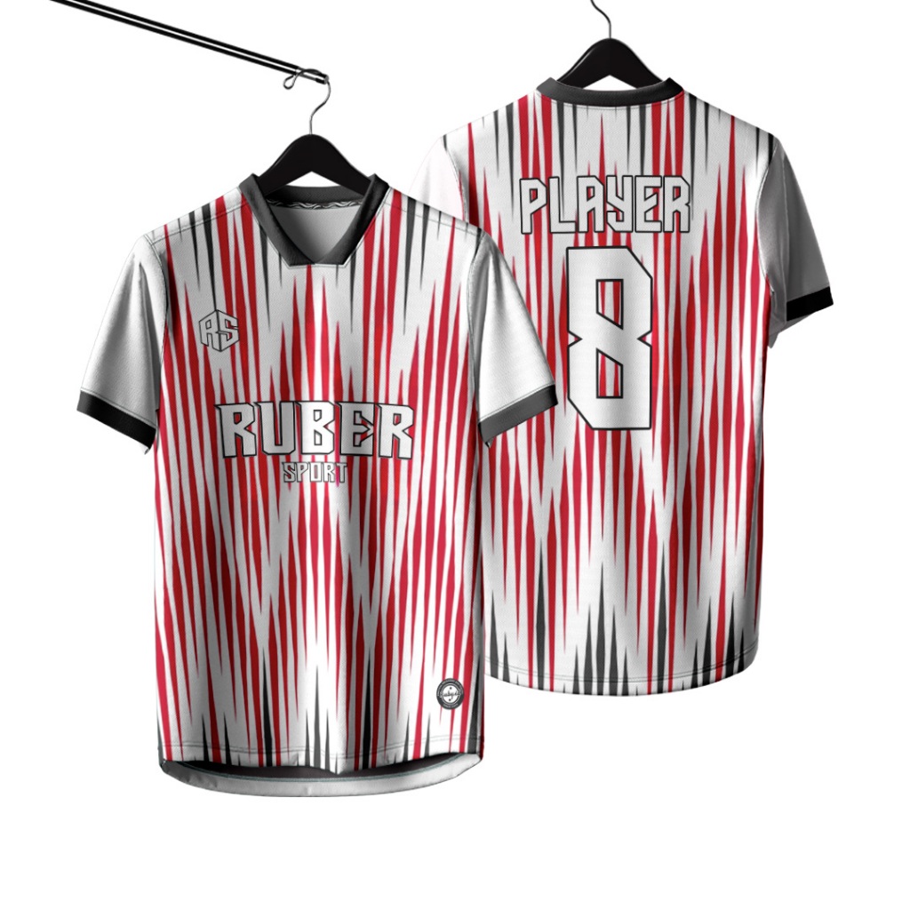 Jersey Futsal / Jersey Bola / Jersey Voli Custom Full Printing Bisa Satuan Putih Motif Merah Hitam