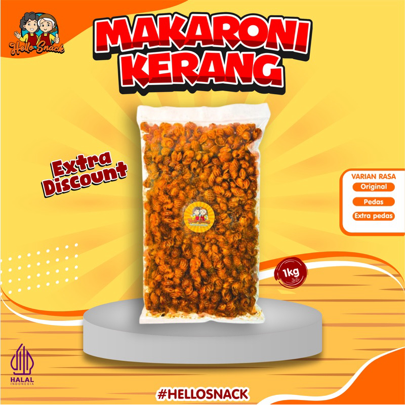 

HELLO SNACK - 1 KG Makaroni Kerang Pedas / Ext Pedas / Original Daun Jeruk