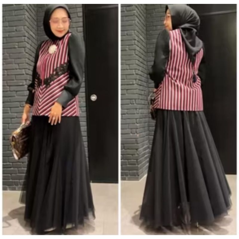 blus tenun lurik Jepara merah hitam