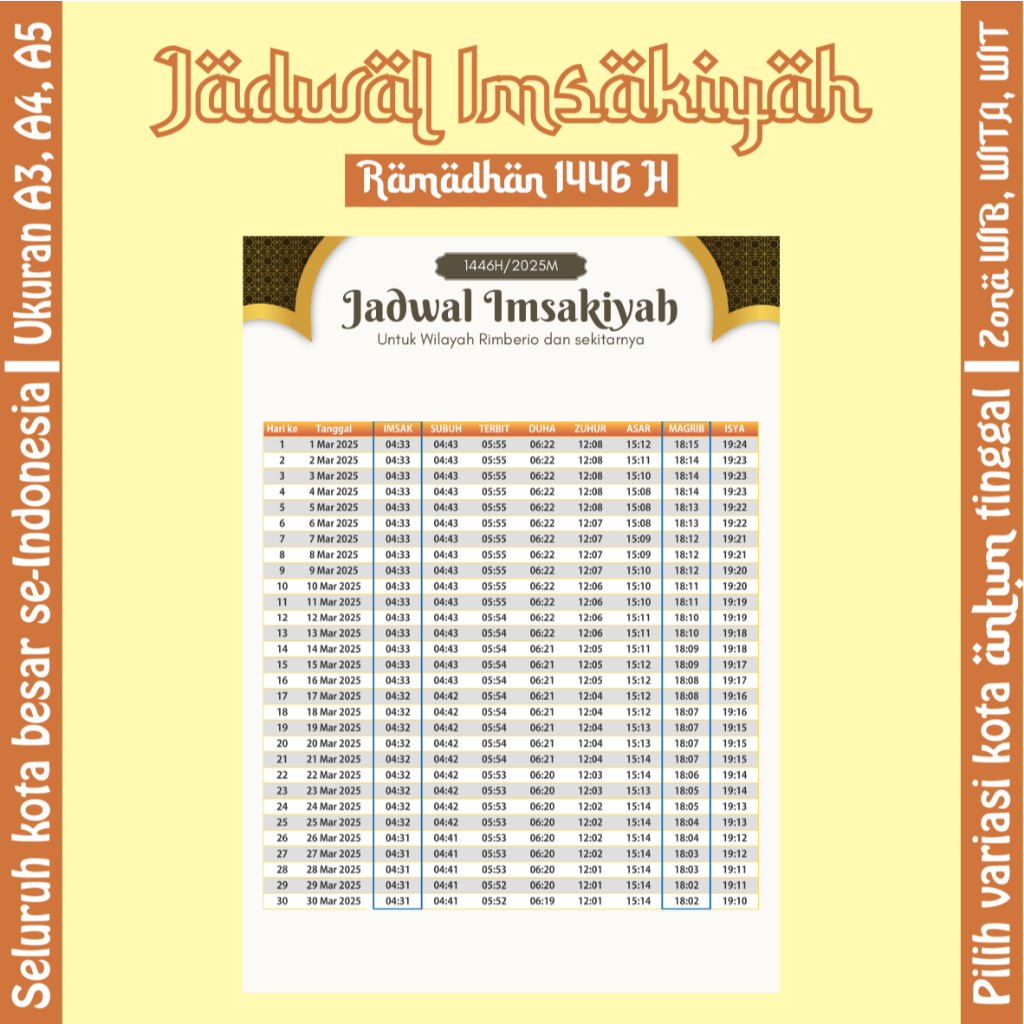 

[RUANG KREATIF] - SIMPLE WHITE - Kalender Imsakiyah Puasa Ramadan 1446 H / 2025 M – Jadwal Salat 5 Waktu + Imsak & Maghrib – Ukuran A3, A4, A5