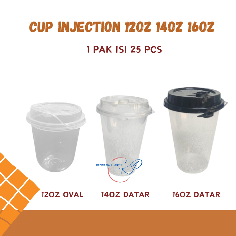 Cup Pp Injection Bening 12oz 14oz 16oz + Lid Sambung Stoper Isi 25 Pcs