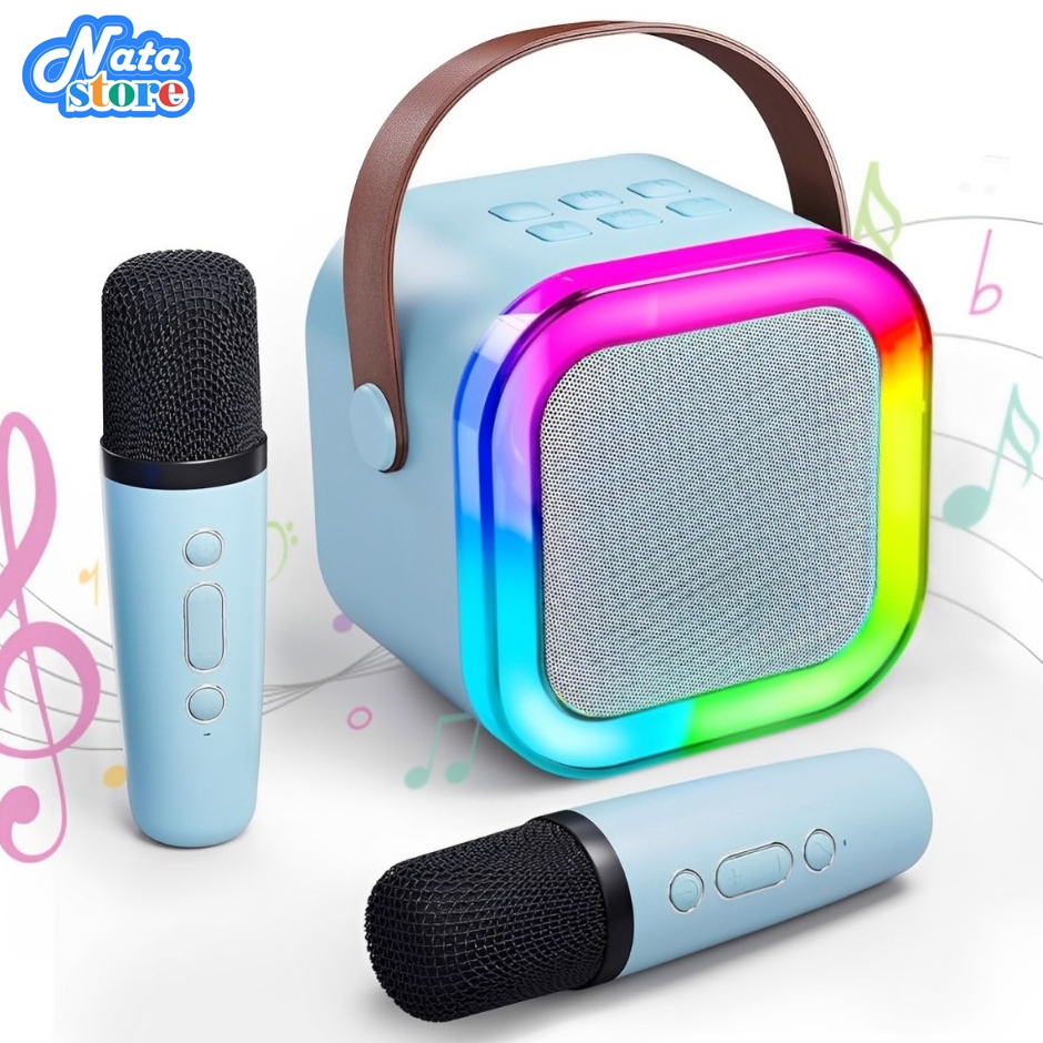 Natastore Speaker Karaoke 2 Mikrofon Speaker Bluetooth Mini Portabel Efek Pengubah Suara & Lampu LED