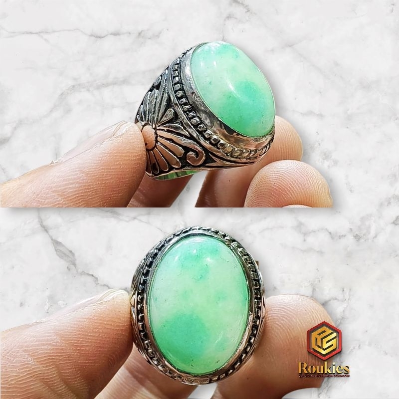 Cincin Batu Giok Hijau/ Giok Burma/ Giok Kembang Ukuran 13x18mm
