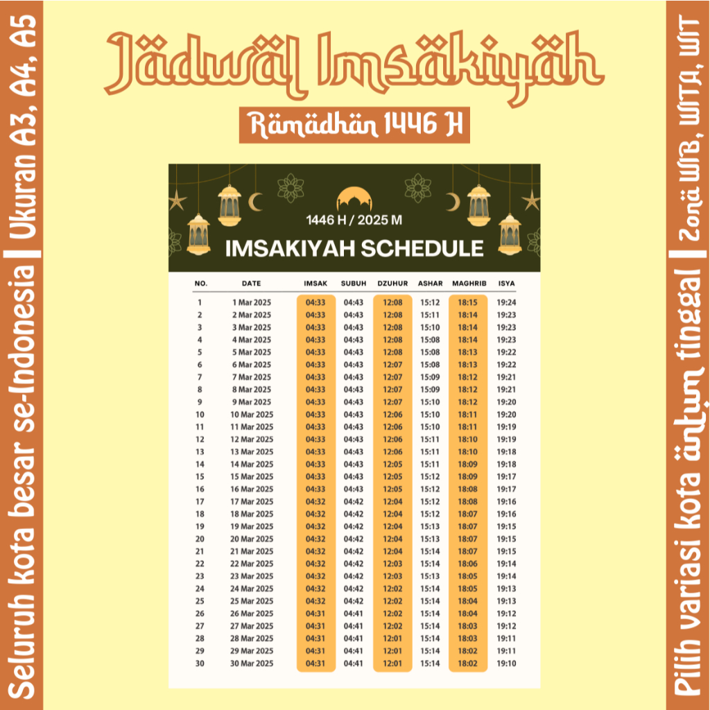 

[RUANG KREATIF] - MINIMALIST - Kalender Imsakiyah Puasa Ramadan 1446 H / 2025 M – Jadwal Salat 5 Waktu + Imsak & Maghrib – Ukuran A3, A4, A5